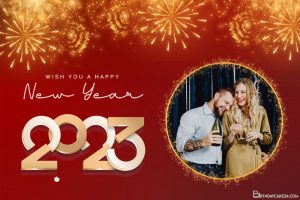happy new year 2023 photo frame sparkling fireworks with red background