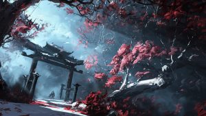 Japanese Shrine Gate Trees Digital Art 4k Wallpaper