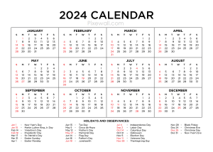 2024 Calendar and Holidays