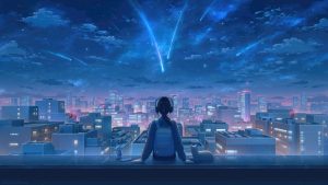 Anime girl alone cat night sky stars city scenery ai 4k wallpapers