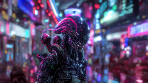 Cyberpunk Xenomorph in Neon City Wallpaper