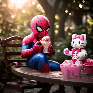 spider man eating ice cream with hello kitty at the garden