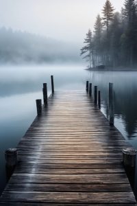 An old wooden dock on a misty lake