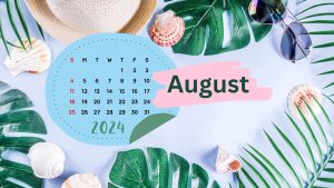 August 2024 Calendar Leaf and shells