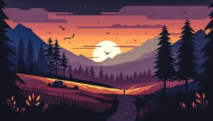 Sunset and silhouettes of trees in the mountains, generative AI.