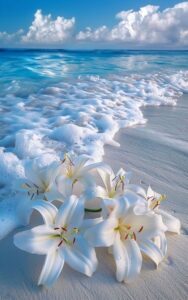 White lilies lying on white sand wallpaper