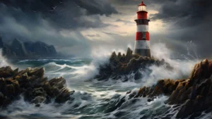 lighthouse in the ocean waves 4k wallpaper