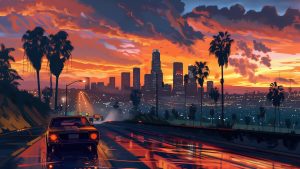 Sunset City Car Road Scenery Digital Art 4k Wallpaper