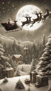 Santa and rudolph are flying in the sparkling dark night sky