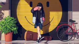 COOL ANIME GIRL STYLE WALLPAPER WITH A GIANT SMILE EMOJI PAINTING