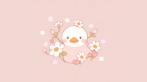 Cute Duck With Flowers Pink And White Doodle Style