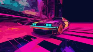 Neon Retro Sports Car Cyber City Wallpaper